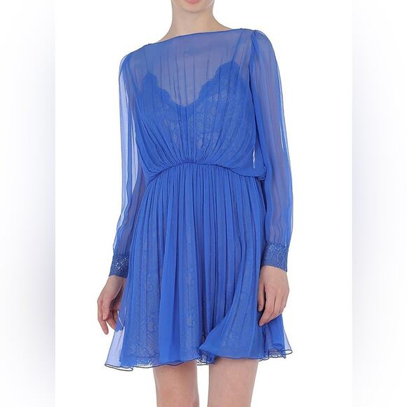 NWT ALBERTA FERRETTI 2 $1990 Silk Dress Semi Sheer Layer Lace Slip 2 Chiffon - Picture 1 of 12